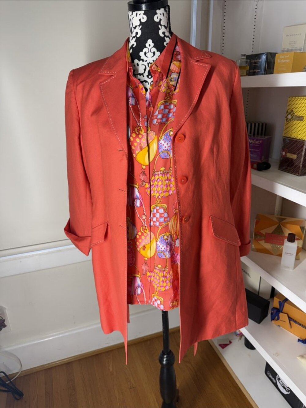 LE SUIT Coral Linen Blazer White Stitching Women’s 10 Belted Lined Pockets